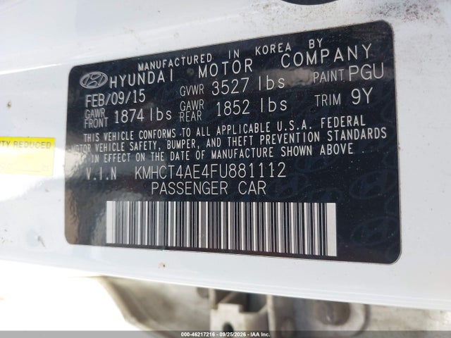 Продажа на аукционе авто 2015 Hyundai Accent Gls, vin: KMHCT4AE4FU881112, номер лота: 46217216