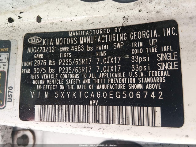 KIA SORENTO LX 2014 5XYKTCA60EG506742 Image 9