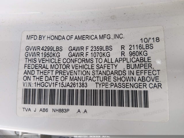Продажа на аукционе авто 2018 Honda Accord Lx, vin: 1HGCV1F15JA261383, номер лота: 46217231