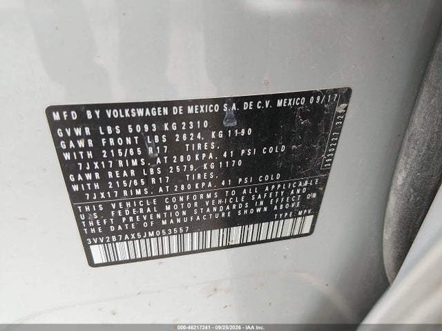 Продаж на аукціоні авто 2018 Volkswagen Tiguan 2.0t Se/2.0t Sel, vin: 3VV2B7AX5JM053557, номер лоту: 46217241