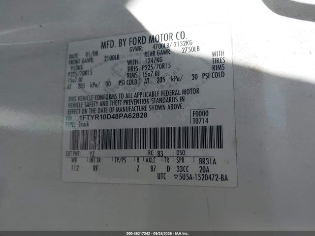 46217242 :رقم المزاد ، 1FTYR10D48PA62828 vin ، 2008 Ford Ranger Xl/xlt مزاد بيع