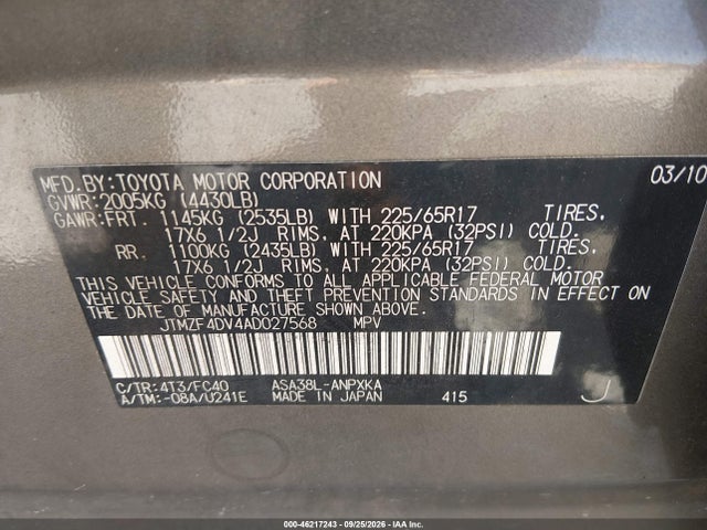 2010 Toyota Rav4 მანქანა იყიდება აუქციონზე, vin: JTMZF4DV4AD027568, აუქციონის ნომერი: 46217243