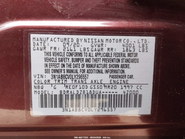 2020 Nissan Sentra Sv Xtronic Cvt მანქანა იყიდება აუქციონზე, vin: 3N1AB8CV0LY296557, აუქციონის ნომერი: 46217253