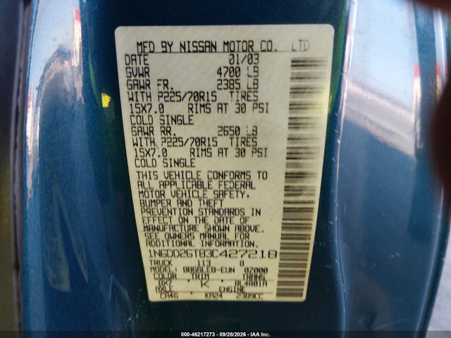 Aukcja sprzedaży 2003 Nissan Frontier Xe, vin: 1N6DD26T83C427218, numer aukcji: 46217273