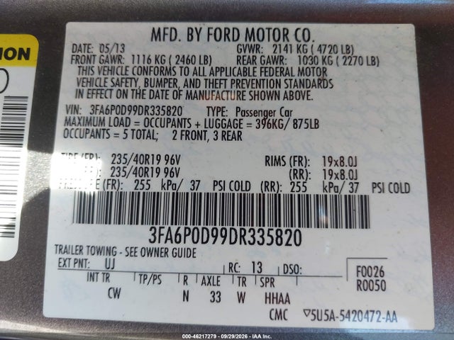 Aukcja sprzedaży 2013 Ford Fusion Titanium, vin: 3FA6P0D99DR335820, numer aukcji: 46217279