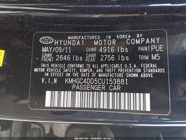 2012 Hyundai Genesis 3.8 მანქანა იყიდება აუქციონზე, vin: KMHGC4DD5CU153881, აუქციონის ნომერი: 46217291