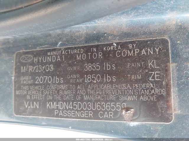 46217293 :رقم المزاد ، KMHDN45D03U636559 vin ، 2003 Hyundai Elantra Gls/gt مزاد بيع