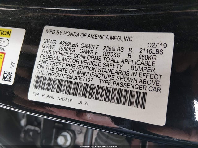 Honda ACCORD EX 2019 1HGCV1F48KA057107 Image 9