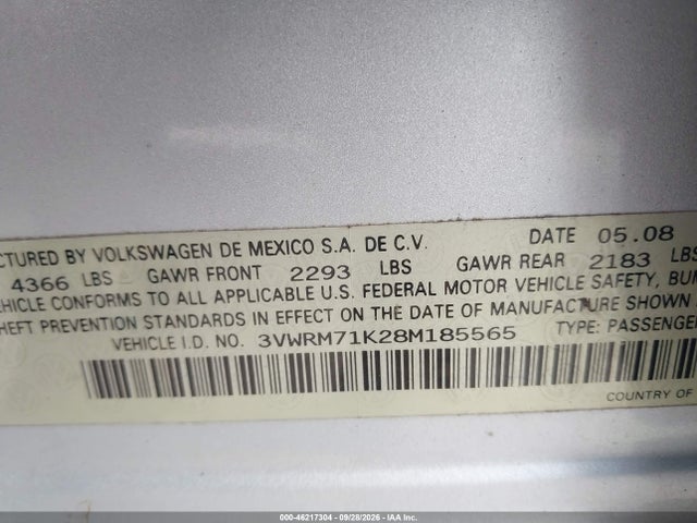 46217304 :رقم المزاد ، 3VWRM71K28M185565 vin ، 2008 Volkswagen Jetta Se/sel مزاد بيع