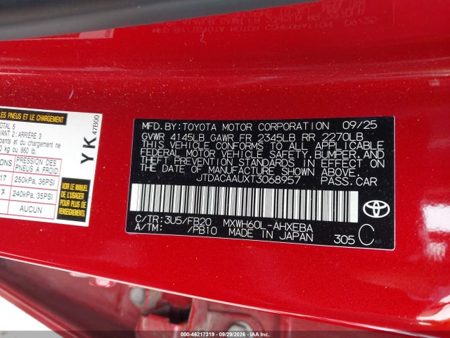 Aukcja sprzedaży 2026 Toyota Prius Le, vin: JTDACAAUXT3068957, numer aukcji: 46217319