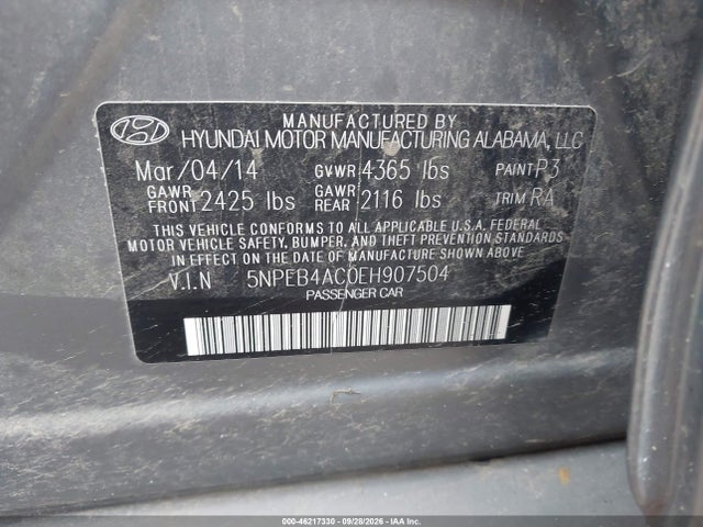 Aukcja sprzedaży 2014 Hyundai Sonata Gls, vin: 5NPEB4AC0EH907504, numer aukcji: 46217330