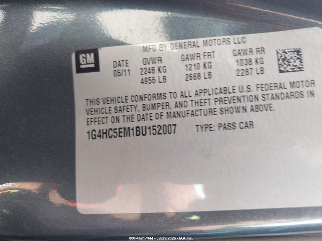 2011 Buick Lucerne Cxl მანქანა იყიდება აუქციონზე, vin: 1G4HC5EM1BU152007, აუქციონის ნომერი: 46217344