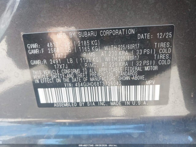 Auction sale of the 2026 Subaru Crosstrek Premium, vin: 4S4GUHD68T3726042, lot number: 46217345