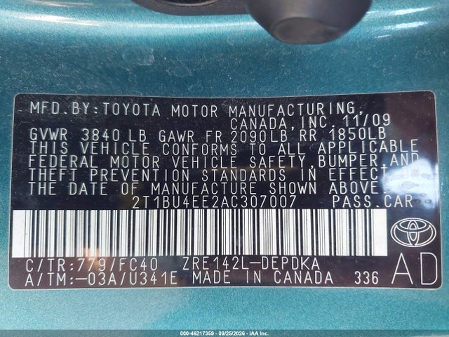 2010 Toyota Corolla Le მანქანა იყიდება აუქციონზე, vin: 2T1BU4EE2AC307007, აუქციონის ნომერი: 46217359