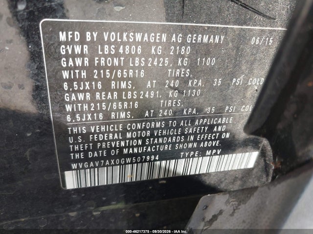 46217375 :رقم المزاد ، WVGAV7AX0GW507994 vin ، 2016 Volkswagen Tiguan S مزاد بيع