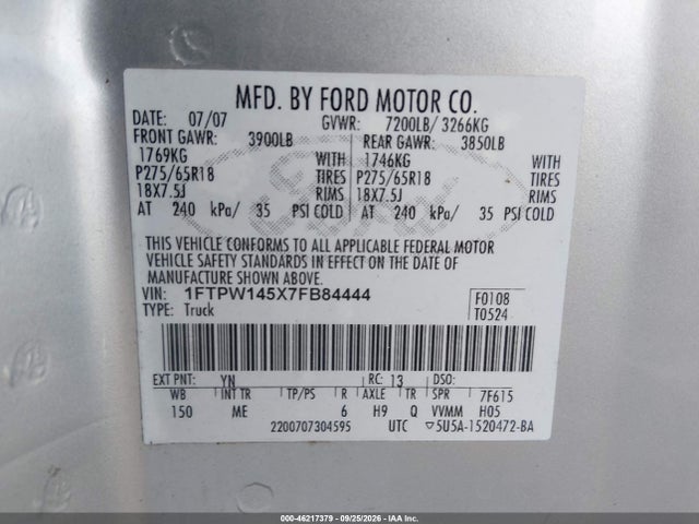 2007 Ford F-150 Fx4/lariat/xlt მანქანა იყიდება აუქციონზე, vin: 1FTPW145X7FB84444, აუქციონის ნომერი: 46217379