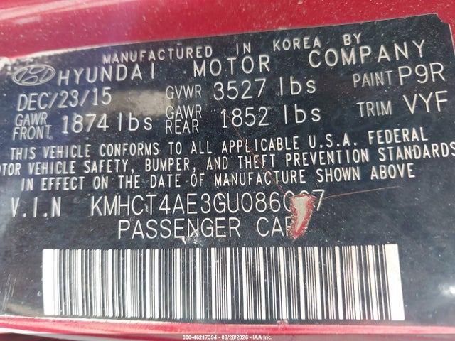 46217394 :رقم المزاد ، KMHCT4AE3GU086067 vin ، 2016 Hyundai Accent Se مزاد بيع