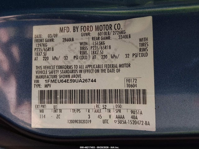 Продажа на аукционе авто 2009 Ford Explorer Eddie Bauer, vin: 1FMEU64E59UA26744, номер лота: 46217403