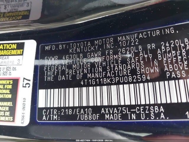 46217404 :رقم المزاد ، 4T1G11BK3PU082594 vin ، 2023 Toyota Camry Se Awd مزاد بيع