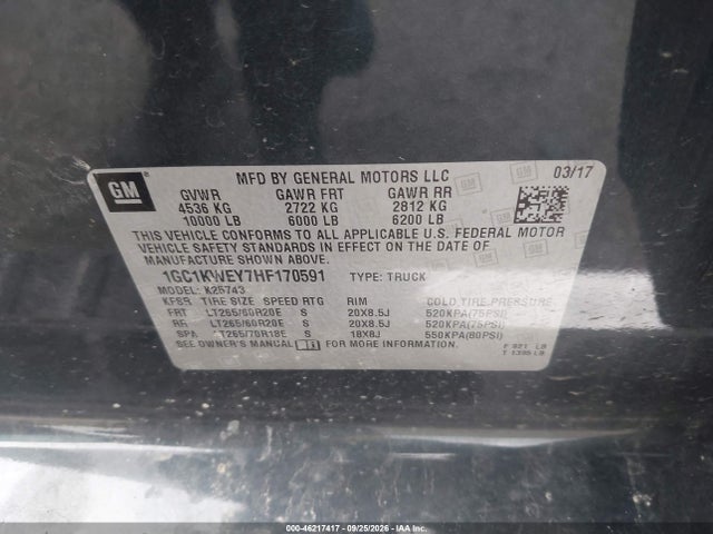46217417 :رقم المزاد ، 1GC1KWEY7HF170591 vin ، 2017 Chevrolet Silverado 2500hd Ltz مزاد بيع