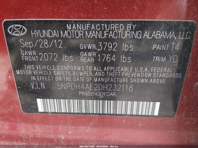46217420 :رقم المزاد ، 5NPDH4AE2DH232118 vin ، 2013 Hyundai Elantra Gls مزاد بيع