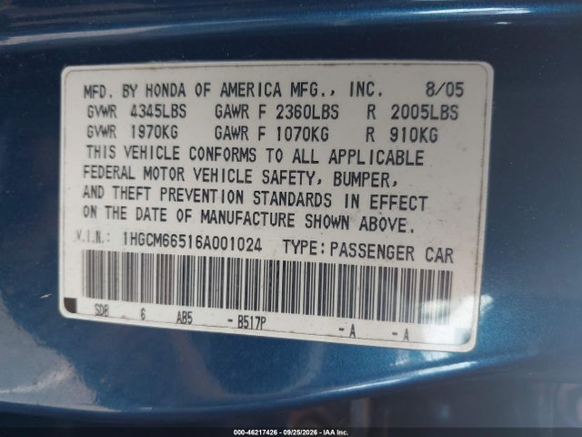 46217426 :رقم المزاد ، 1HGCM66516A001024 vin ، 2006 Honda Accord 3.0 Ex مزاد بيع