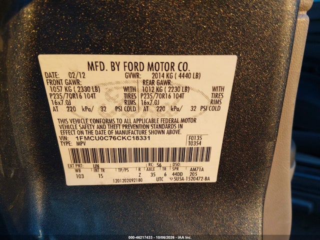 2012 Ford Escape Xls მანქანა იყიდება აუქციონზე, vin: 1FMCU0C76CKC18331, აუქციონის ნომერი: 46217433