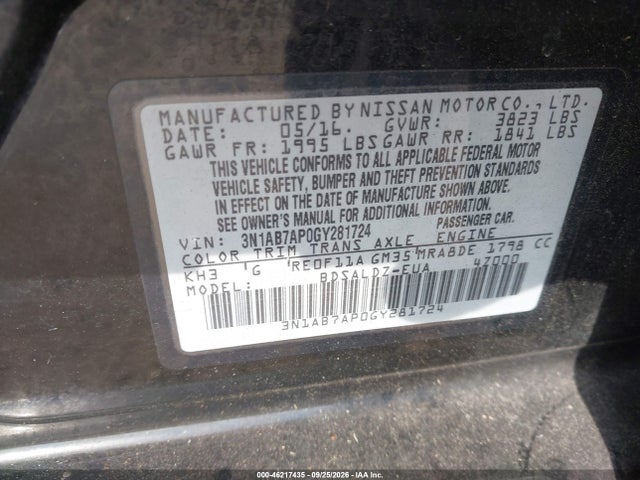 2016 Nissan Sentra Sv მანქანა იყიდება აუქციონზე, vin: 3N1AB7AP0GY281724, აუქციონის ნომერი: 46217435