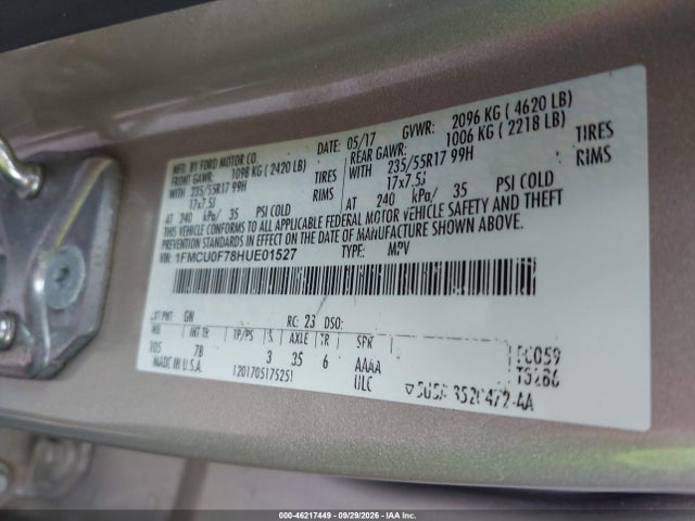 Aukcja sprzedaży 2017 Ford Escape S, vin: 1FMCU0F78HUE01527, numer aukcji: 46217449