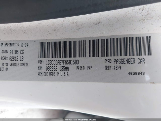 2015 Chrysler 200 Limited მანქანა იყიდება აუქციონზე, vin: 1C3CCCAB7FN581583, აუქციონის ნომერი: 46217456