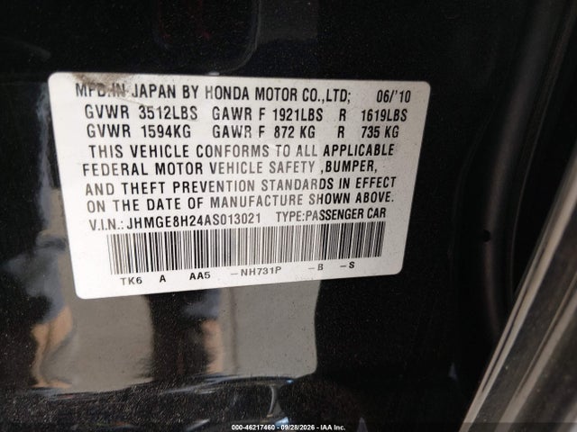 Продаж на аукціоні авто 2010 Honda Fit, vin: JHMGE8H24AS013021, номер лоту: 46217460