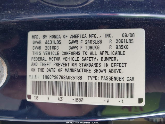 Aukcja sprzedaży 2009 Honda Accord 2.4 Ex, vin: 1HGCP26769A035188, numer aukcji: 46217469