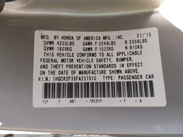 Honda ACCORD LX 2015 1HGCR2F35FA237510 Image 9