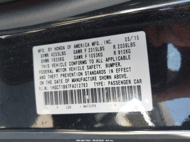 46217503 :رقم المزاد ، 1HGCT1B87FA012793 vin ، 2015 Honda Accord Ex-l مزاد بيع