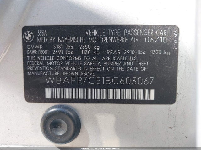 Продажа на аукционе авто 2011 Bmw 535i, vin: WBAFR7C51BC603067, номер лота: 46217515