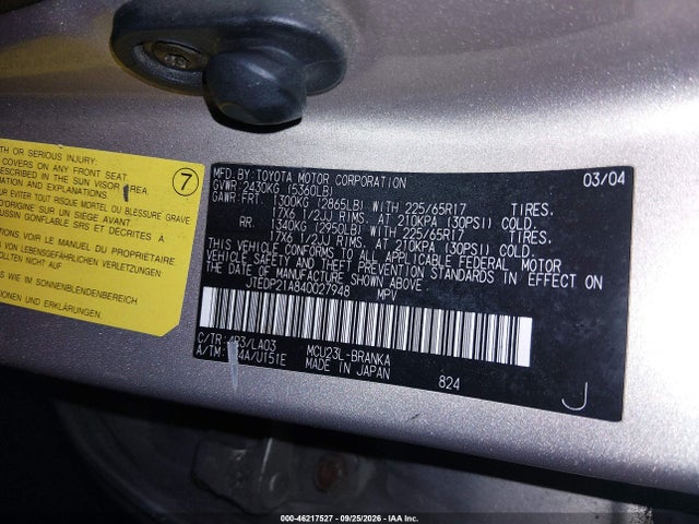 Aukcja sprzedaży 2004 Toyota Highlander Limited V6, vin: JTEDP21A840027948, numer aukcji: 46217527