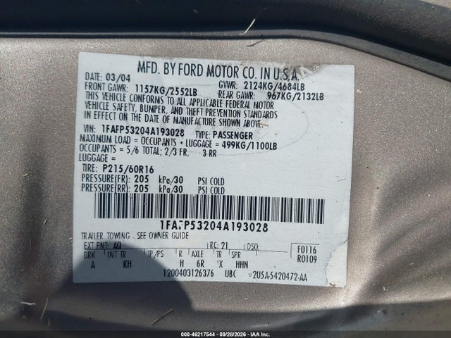 Продаж на аукціоні авто 2004 Ford Taurus Se, vin: 1FAFP53204A193028, номер лоту: 46217544
