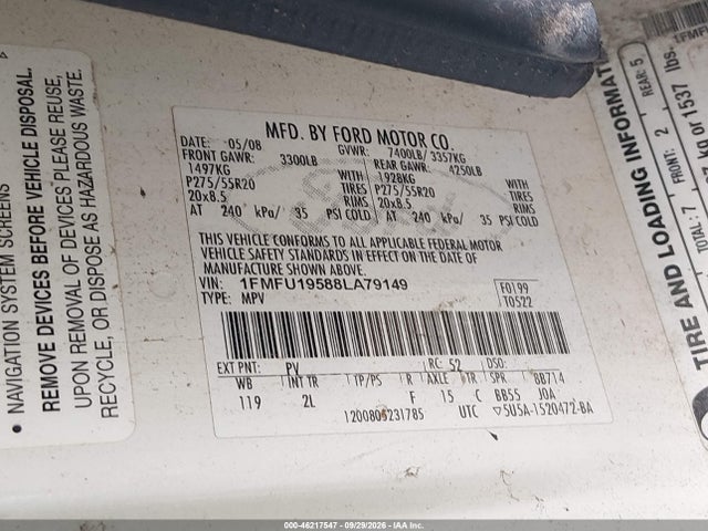 Продаж на аукціоні авто 2008 Ford Expedition Limited, vin: 1FMFU19588LA79149, номер лоту: 46217547