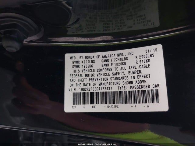 2016 Honda Accord Lx მანქანა იყიდება აუქციონზე, vin: 1HGCR2F33GA122437, აუქციონის ნომერი: 46217565
