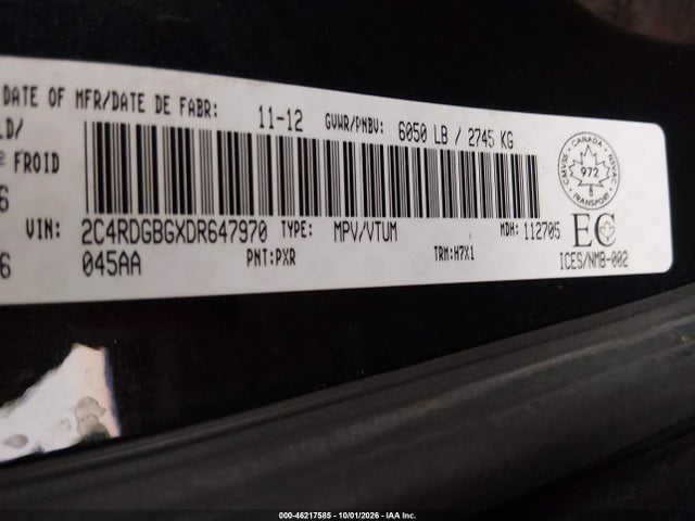 46217585 :رقم المزاد ، 2C4RDGBGXDR647970 vin ، 2013 Dodge Grand Caravan Se/sxt مزاد بيع