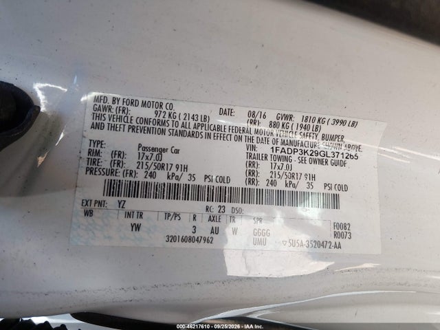46217610 :رقم المزاد ، 1FADP3K29GL371265 vin ، 2016 Ford Focus Se مزاد بيع
