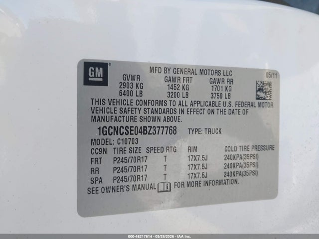 Aukcja sprzedaży 2011 Chevrolet Silverado 1500 Lt, vin: 1GCNCSE04BZ377768, numer aukcji: 46217614
