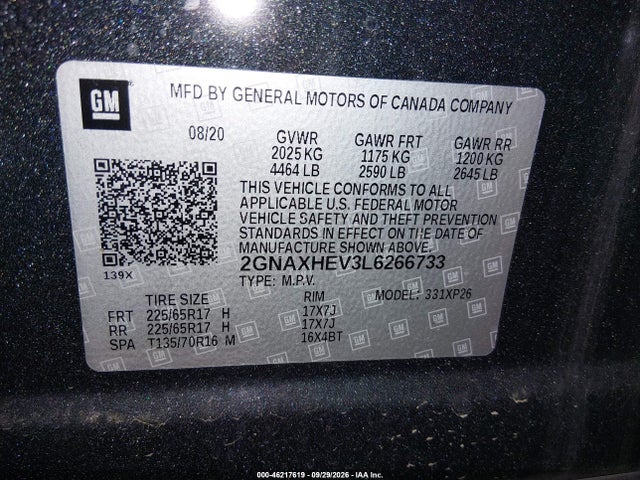 46217619 :رقم المزاد ، 2GNAXHEV3L6266733 vin ، 2020 Chevrolet Equinox Fwd Ls مزاد بيع