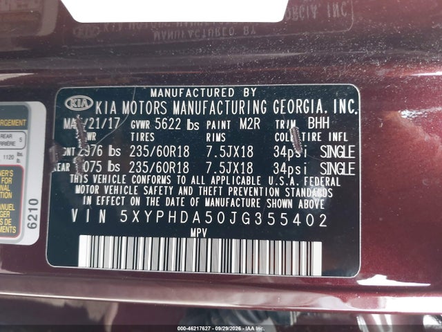 Продажа на аукционе авто 2018 Kia Sorento 3.3l Ex, vin: 5XYPHDA50JG355402, номер лота: 46217627