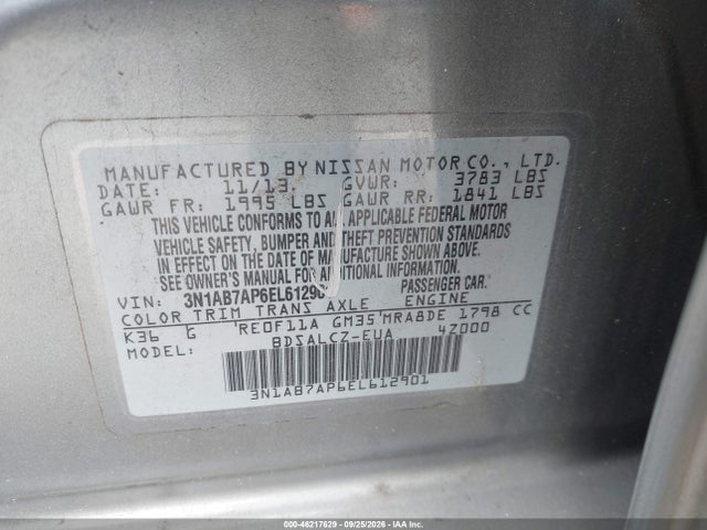 46217629 :رقم المزاد ، 3N1AB7AP6EL612901 vin ، 2014 Nissan Sentra S مزاد بيع