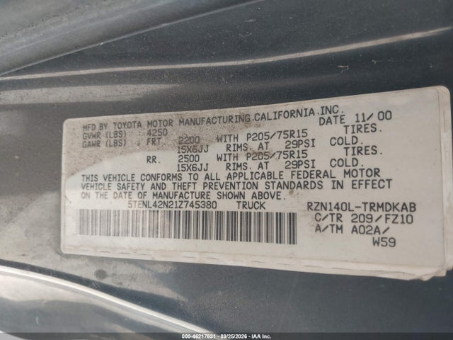 46217631 :رقم المزاد ، 5TENL42N21Z745380 vin ، 2001 Toyota Tacoma مزاد بيع