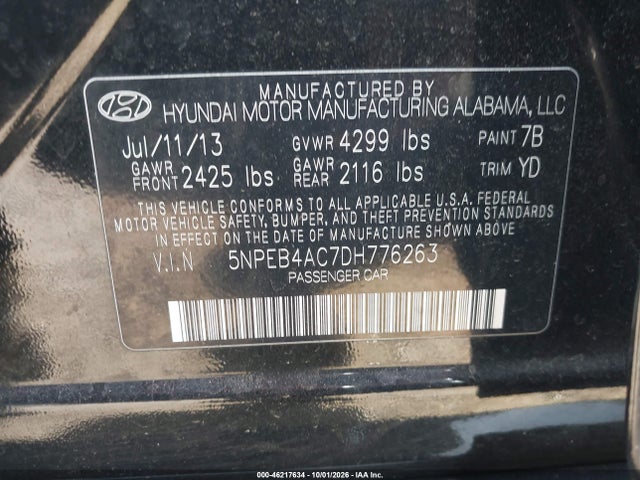 46217634 :رقم المزاد ، 5NPEB4AC7DH776263 vin ، 2013 Hyundai Sonata Gls مزاد بيع