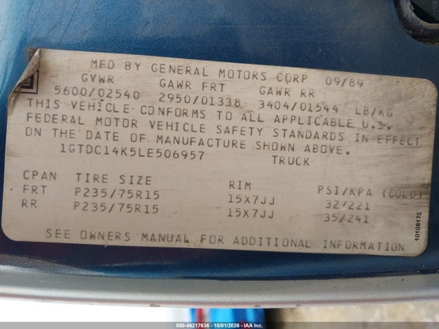 1990 Gmc Sierra C1500 მანქანა იყიდება აუქციონზე, vin: 1GTDC14K5LE506957, აუქციონის ნომერი: 46217636