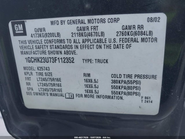 Продаж на аукціоні авто 2003 Chevrolet Silverado 2500hd Ls, vin: 1GCHK23U73F112352, номер лоту: 46217639