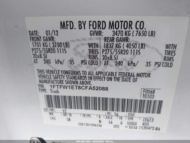 46217662 :رقم المزاد ، 1FTFW1ET8CFA52088 vin ، 2012 Ford F-150 Fx4 مزاد بيع